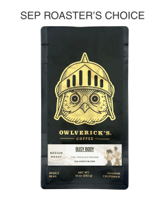 Front of Black Coffee Bag with Owl Design named Busy Body