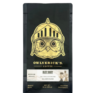 Front of Black Coffee Bag with Owl Design named Busy Body