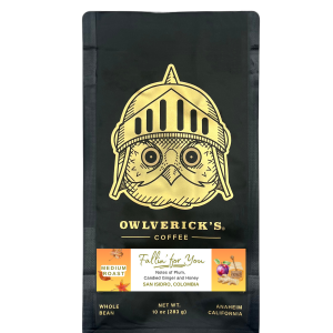 Front of Fallin for You coffee bag with owl design