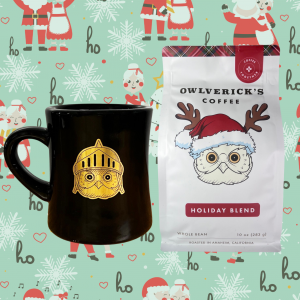 Black diner mug with owl design and Holiday Blend coffee bag with Santa Owl design