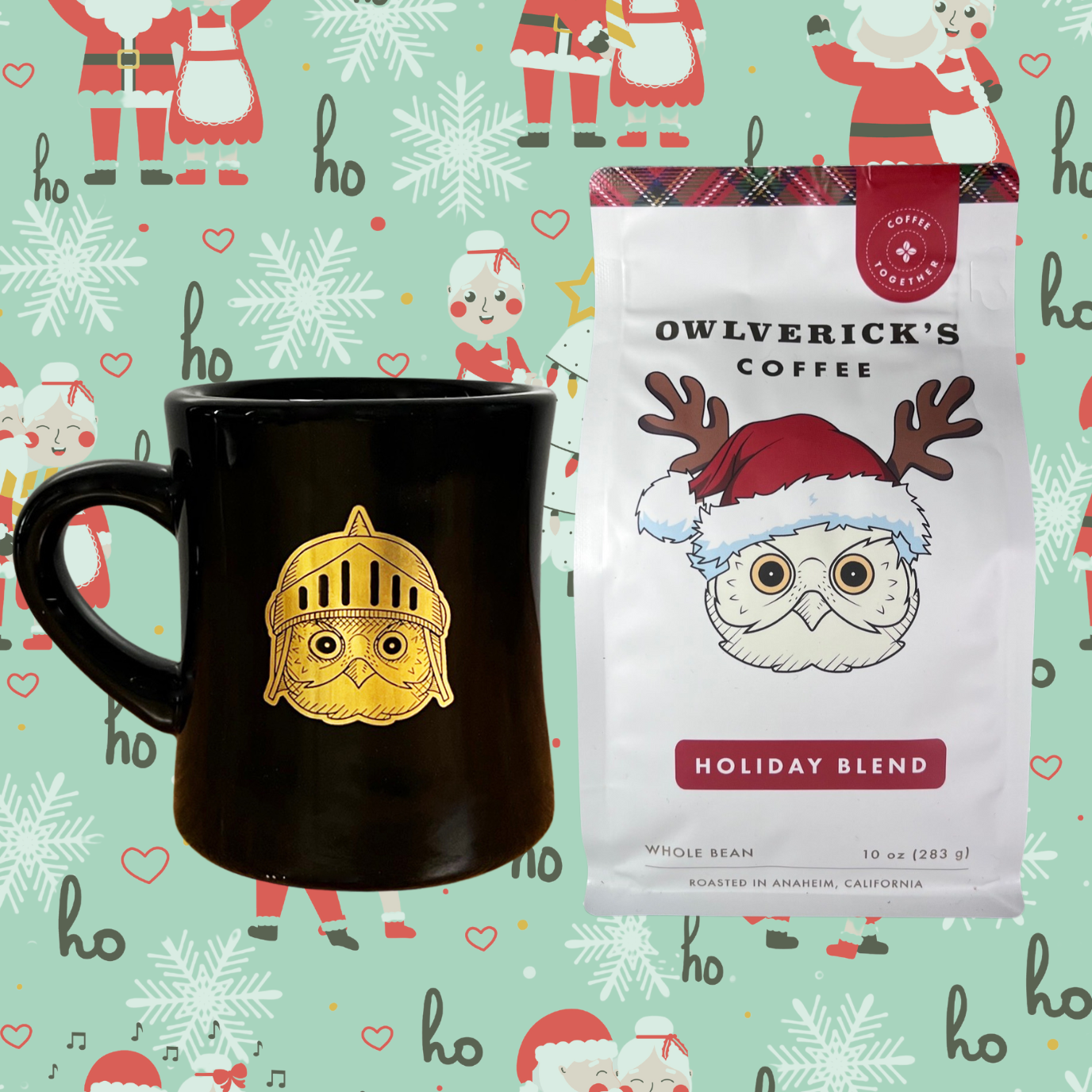 Black diner mug with owl design and Holiday Blend coffee bag with Santa Owl design