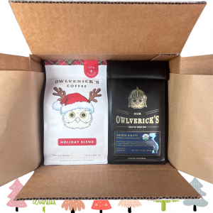Two bags of Owlverick's Coffee in a box