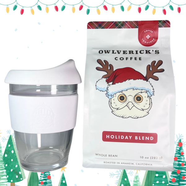Tumbler in White and Holiday Blend Coffee Bag