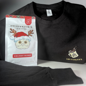 Black Sweatshirt and Holiday Blend Coffee Bag