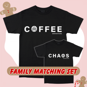 Adult Coffee Black T-Shirt and Toddler Chaos Black T-shirt