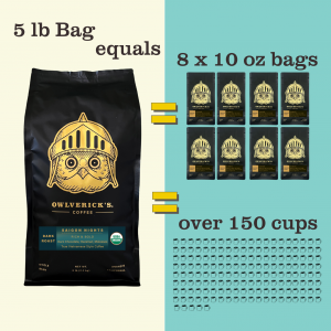Image of 5 lb coffee bag with owl design with text "5 lb bag equals 8 x 10 oz bags or over 150 cups"
