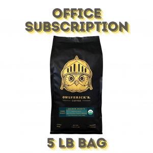 Image of 5 lb coffee bag with Owl Design and Text "Office Subscription 5 lb bag"