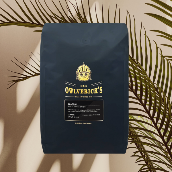 5 lbs bag of coffee over a plant background