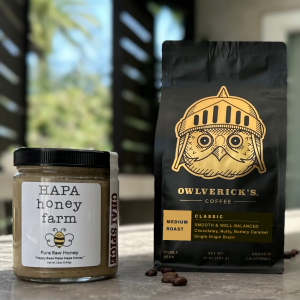 Jar of Hapa Honey Chai Spice Creamed Honey and Owlverick's Classic Coffee