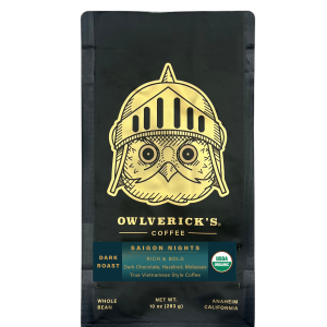 Front of Saigon Nights coffee bag with Owl design