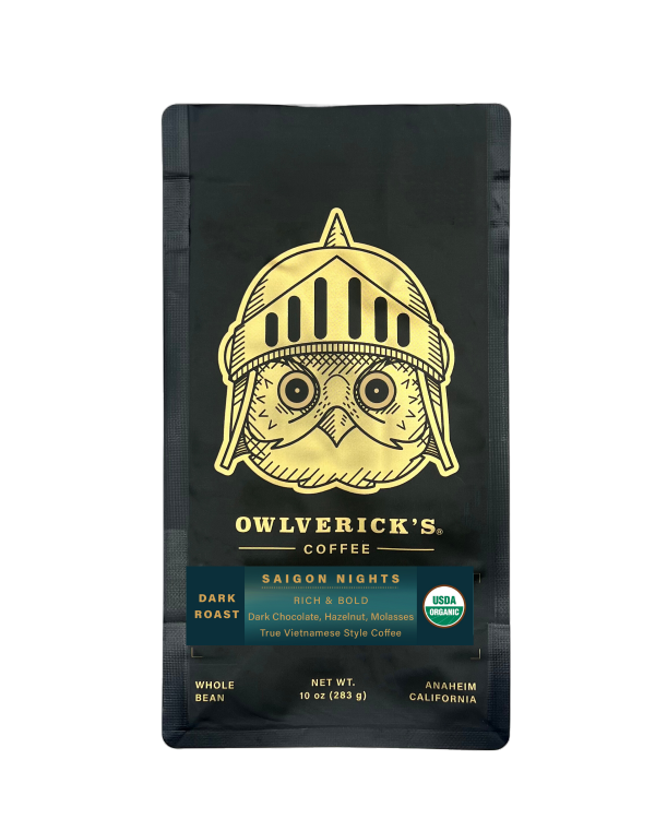 Front of Saigon Nights coffee bag with Owl design
