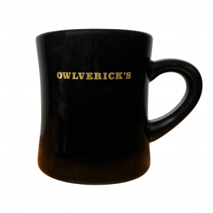Back of Black Diner Mug with Owlverick's Text Design