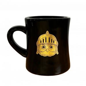 Front of Black Diner Mug with Gold Owl Design