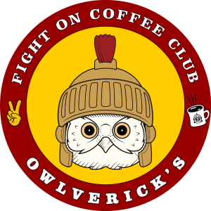 Fight On Coffee Club round logo with owl design with trojan helmet