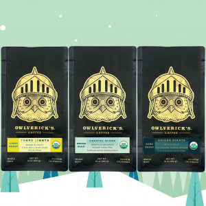 Tokyo Lights coffee, Coastal Blend coffee and Saigon Nights coffee bags on a holiday background