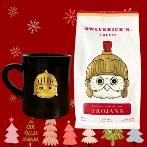 A black mug with Owl Design and a Trojan themed coffee bag with Owl Design