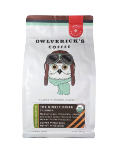Front of Ninety Nines coffee bag with Pilot Owl Design