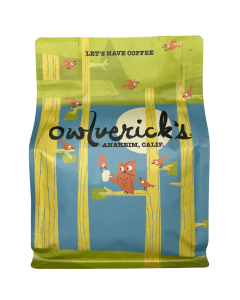 Anaheim FF LG Owlverick's Coffee bag with owls, trees and birds design.