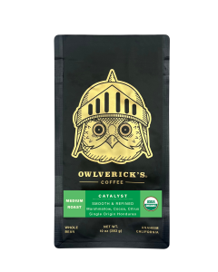 Catalyst black coffee bag with gold color owl head design