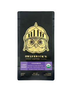 Charmer black coffee bag with gold color owl head design