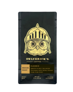 Classic black coffee bag with gold color owl head design