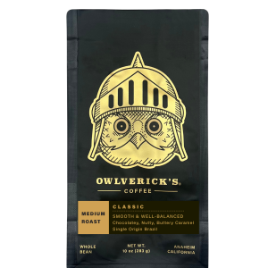 Classic black coffee bag with gold color owl head design
