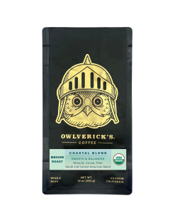 Coastal Blend black coffee bag with gold color owl head design