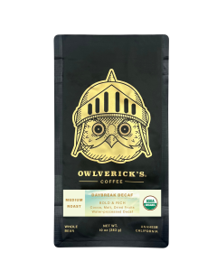 Daybreak_BH_2 Daybreak Decaf black coffee bag with gold color owl head design