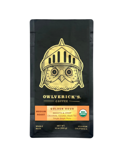 Golden Hour black coffee bag with gold color owl head design