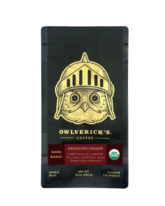 Hangover Chaser black coffee bag with gold color owl head design