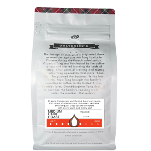 Holiday Blend coffee bag back with Holiday Theme.