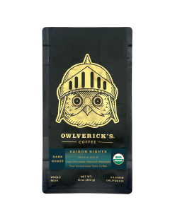 Saigon Nights black coffee bag with gold color owl head design