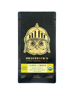 Tokyo Lights black coffee bag with gold color owl head design
