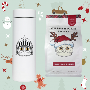 Traveler Bottle with Owl Design and Holiday Blend coffee bag with Holiday Owl Design.