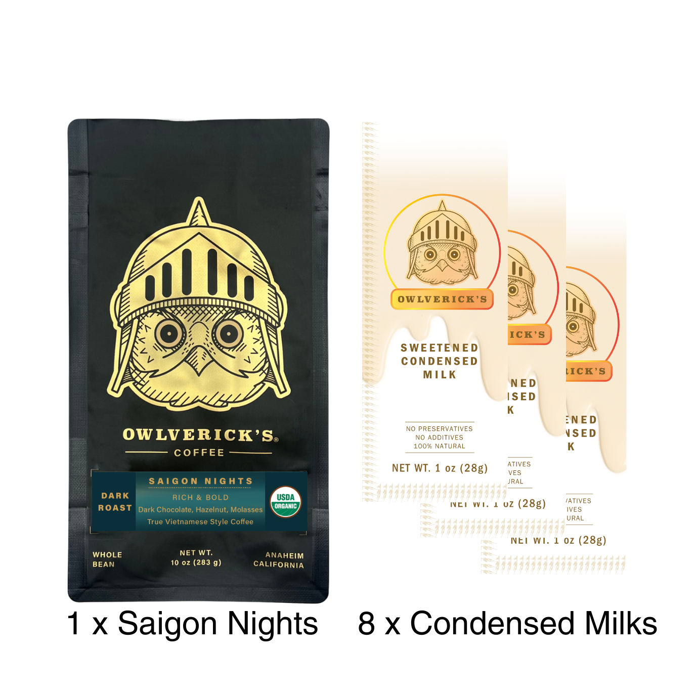 Photo of Vietnamese Coffee Hack Bundle that includes one bag of Saigon Nights coffee and multiple condensed milk singles packets