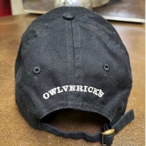 Back of dad hat in Black color with "Owlverick's" embroidery