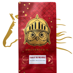 Front of Red Coffee Bag with Owl Design and Chinese New Year Theme