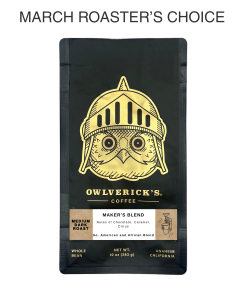 Front of black coffee bag for Maker's Blend with Owl Design