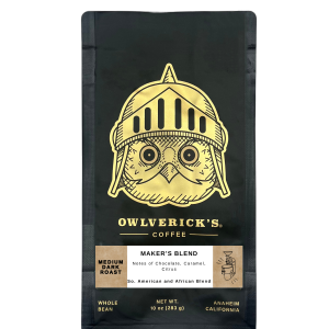 Front of black coffee bag for Maker's Blend with Owl Design