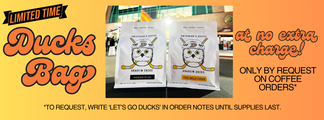 Orange banner with pictures of Owlverick's x Ducks coffee bags. Offer is for coffee orders to be packed in collab bags for limited time until supplies run out.
