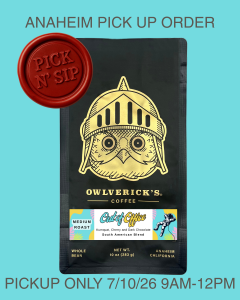 Front of Black Coffee Bag with Owl Design named Out of Office. Red stamp says "Pick N' Sip" to designate that this is for a pickup only product. Pickup is June 10, 2026 between 9am and 12pm.