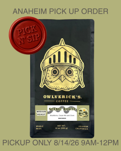 Front of Black Coffee Bag with Owl Design named Scenic Route. Red stamp says "Pick N' Sip" to designate that this is for a pickup only product. Pickup is August 14, 2026 between 9am and 12pm.